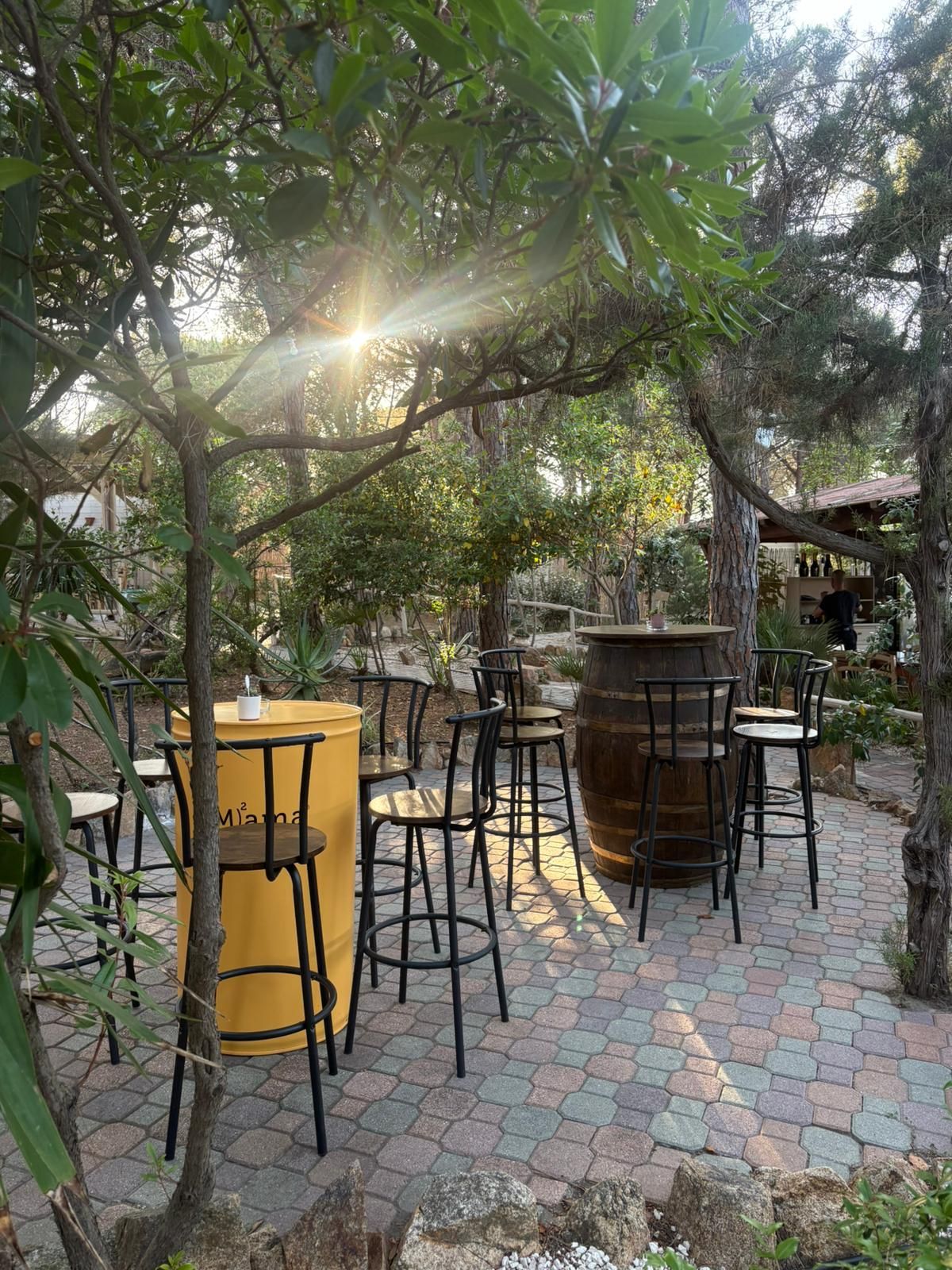 Tavoli e sedute tra gli alberi dello Shango Restaurant